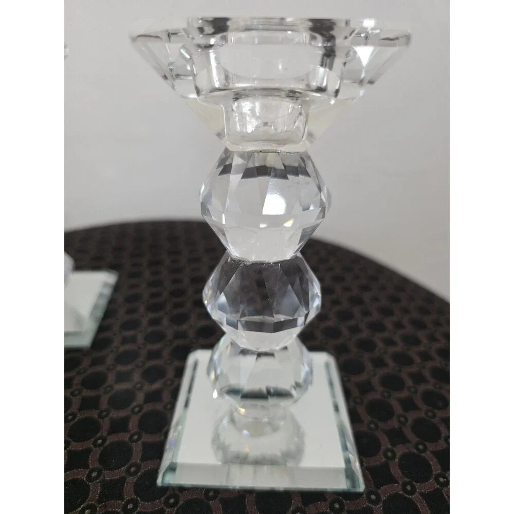 Art Deco CRYSTAL Set of 2  Gemstone Cut PRISM Pillar Candlestick Holder Pair
